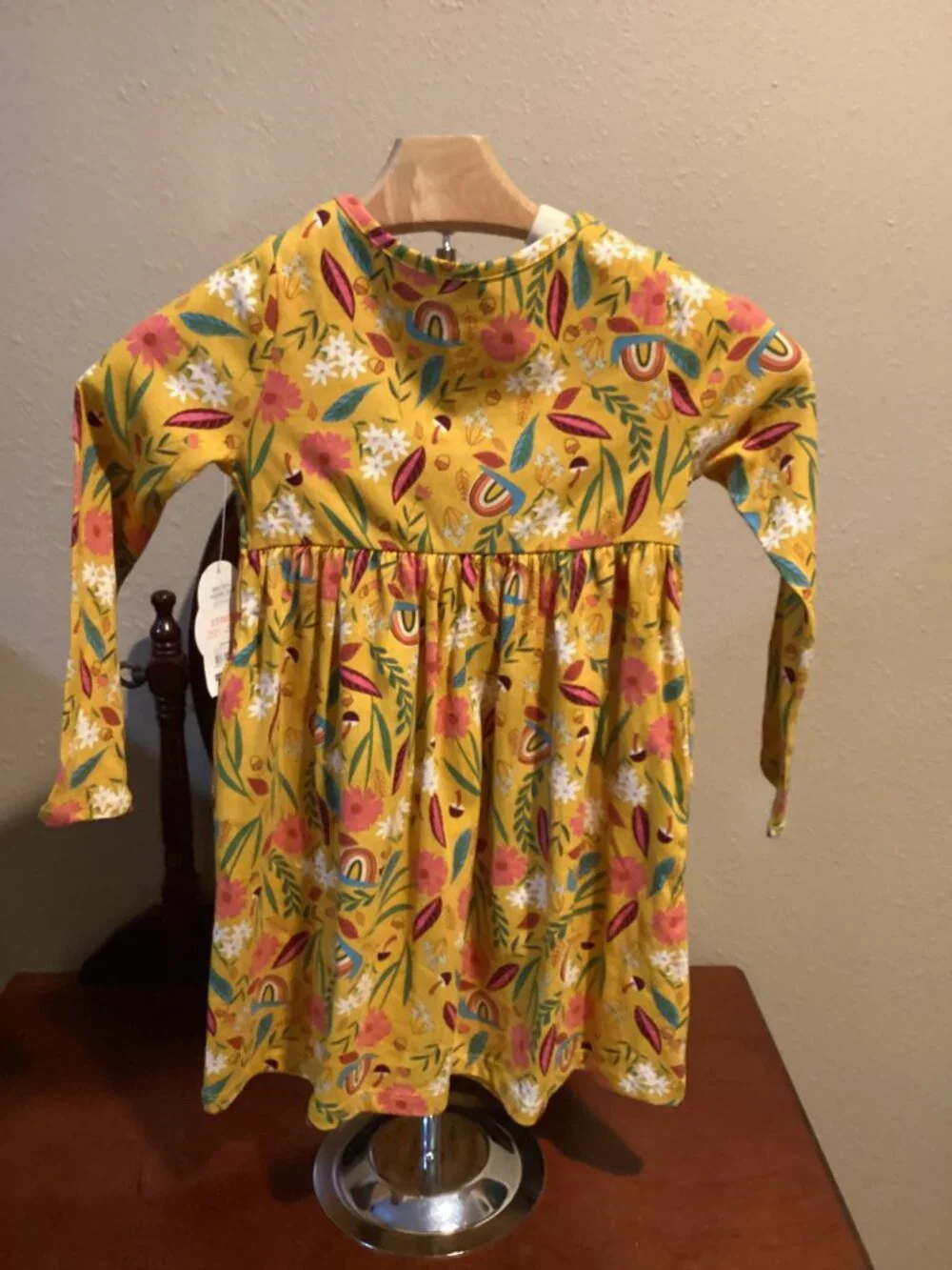 Girls Mustard Yellow Floral Rainbow Long Sleeve Dress – NWT